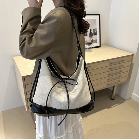 Contrast Canvas PU Leer Schoudertas Vrouwen Grote Capaciteit Draagtas Strik Detail Casual Hobo Tas School Handtas