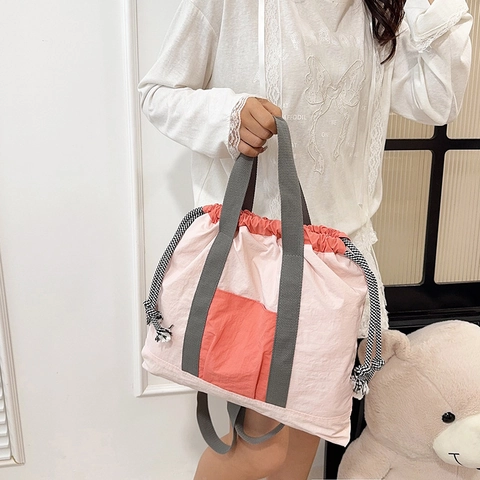 Mochila de Cuero Sintético con Cordón para Mujer Gran Capacidad Bloque de Color Bolso de Viaje y Deporte Bolso de Mano Casual