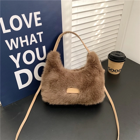 Bolso de Hombro de Piel Sintética para Mujer Bolso de Peluche Suave Color Sólido Moda Versátil Bolso de Mano de Invierno para Mujer