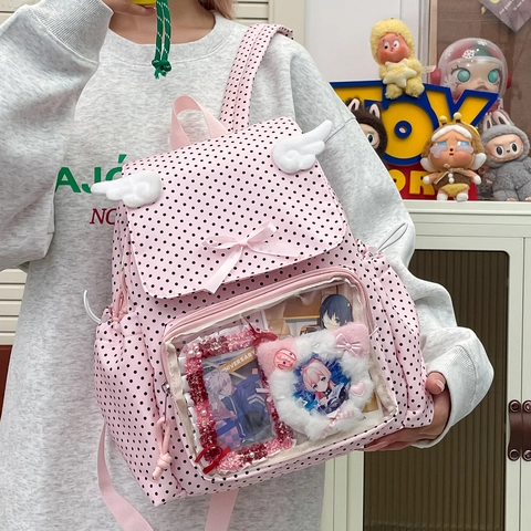 Zaino Ita Bag Kawaii a Pois Con Ali d'Angelo Fiocco Finestra Trasparente Display Zaino Scolastico in Nylon per Ragazze Donna