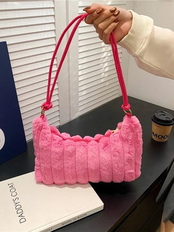 Women Plush Underarm Bag Faux Fur Quilted Stripe Large Capacity Shoulder Bag Zipper Closure Autumn Winter Handbag