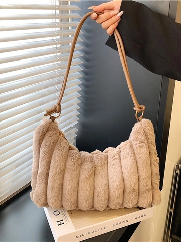 Women Plush Underarm Bag Faux Fur Quilted Stripe Large Capacity Shoulder Bag Zipper Closure Autumn Winter Handbag