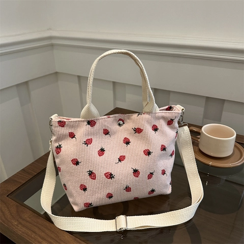 Sac Cabas Femme Imprimé Fleuri Fraise Vintage en Velours Côtelé Toile Petit Sac à Main Avec Bandoulière Amovible Quotidien