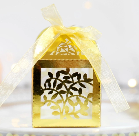 Scatola Bomboniera Foglia Taglio Laser Elegante Stile Europeo Carta Perlata Scatola Caramelle Con Nastro Per Matrimonio Festa Decorazione