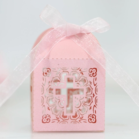 Elegante Scatola per Caramelle a Croce Intagliata al Laser Con Nastro di Raso Carta Perlata Scatola Regalo per Matrimonio Battesimo Decorazione