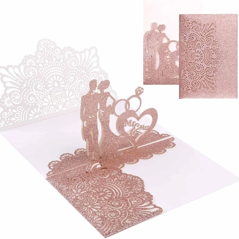Partecipazioni di Nozze 3D Tagliate al Laser Carta Perlata Glitter Oro Rosa Mr Mrs Cuore Mandala per Decorazione Festa