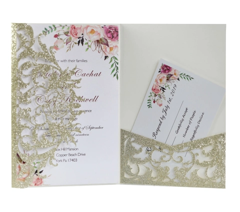 Elegante Laser Geschnitten Rose Floral Glitzer Hochzeit Einladungen Mit Umschlägen Für Verlobung Brautparty Einladungskarten