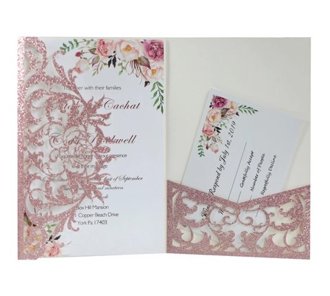 Elegante Laser Geschnitten Rose Floral Glitzer Hochzeit Einladungen Mit Umschlägen Für Verlobung Brautparty Einladungskarten