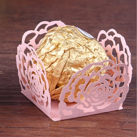 Laser Cut Rose Flower Pearlescent Paper Chocolate Wrapper Hollow Dessert Cupcake Liner Wedding Party Table Decoration