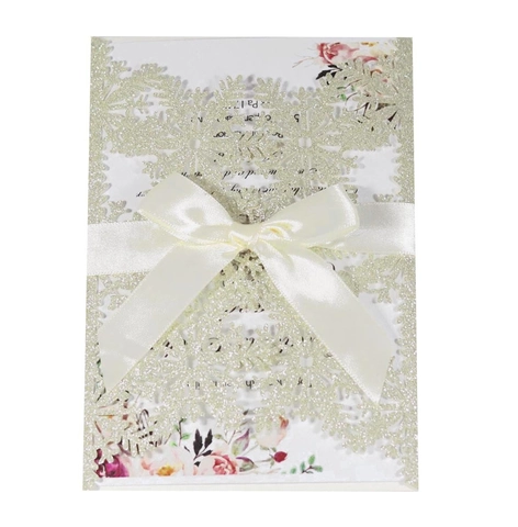 Laser Cut Snowflake Invitation Cards Glitter Paper Greeting Cards With Satin Ribbon Bow For Christmas Wedding Party
