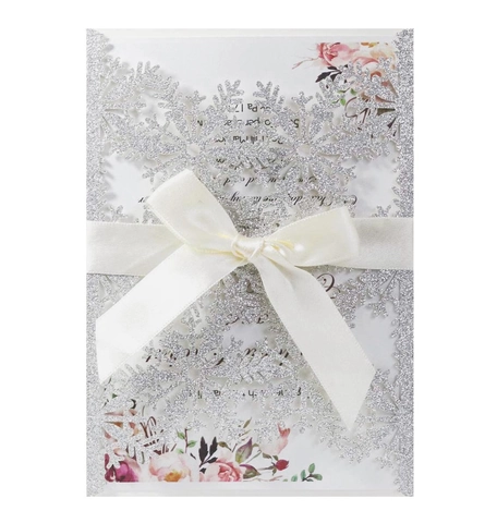Invitations de Mariage Flocon de Neige Découpe Laser Papier Pailleté Nœud Satin Page Intérieure Florale Noël