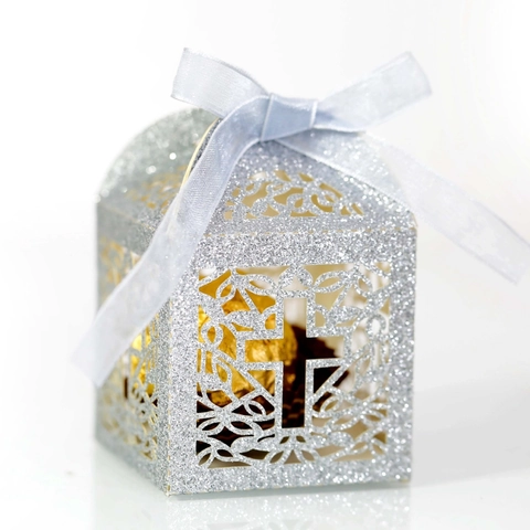 Scatola Regalo Glitterata con Croce a Sbalzo Tagliata al Laser per Matrimonio Battesimo Festa Decorazione Scatola per Caramelle