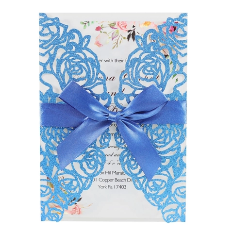 Luxe Laser Gesneden Roos Bruiloft Uitnodigingskaart Glitter Papier Elegante Bloemen Wenskaart Met Strik Voor Banket Feest