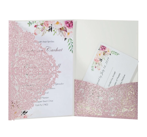 Laser Cut Glitter Wedding Invitations Set With Envelopes And RSVP Cards For Engagement Party Bridal Shower Floral Hollow Design