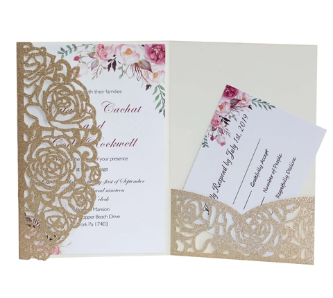 Laser Cut Rose Glitter Wedding Invitations With Envelopes Valentine's Day Engagement Party Elegant Floral Greeting Cards