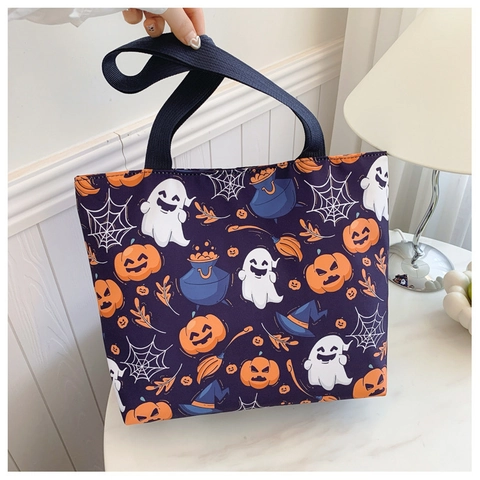 Halloween Ghost Pumpkin Print Tote Bag Large Capacity Nylon Women Casual Shoulder Bag Funny Witch Pattern Festival Gift Handbag