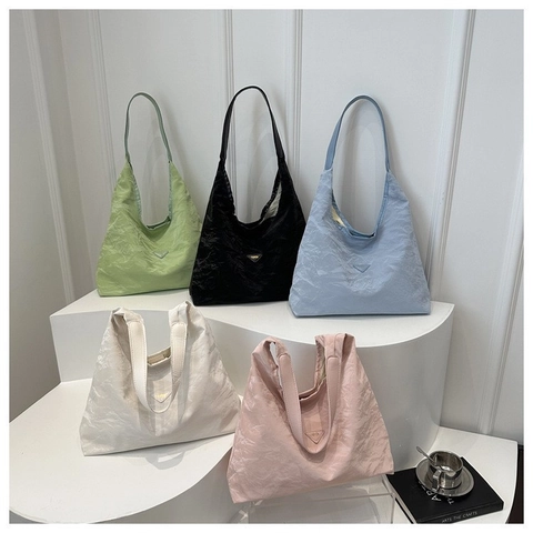 Fashion Women Crinkled Canvas Tote Bag Large Capacity Shoulder Bag Solid Color Commuter Hobo Handbag Street Trend Style