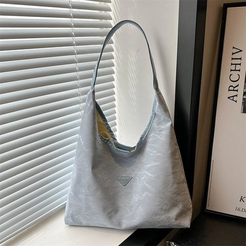 Fashion Women Crinkled Canvas Tote Bag Large Capacity Shoulder Bag Solid Color Commuter Hobo Handbag Street Trend Style