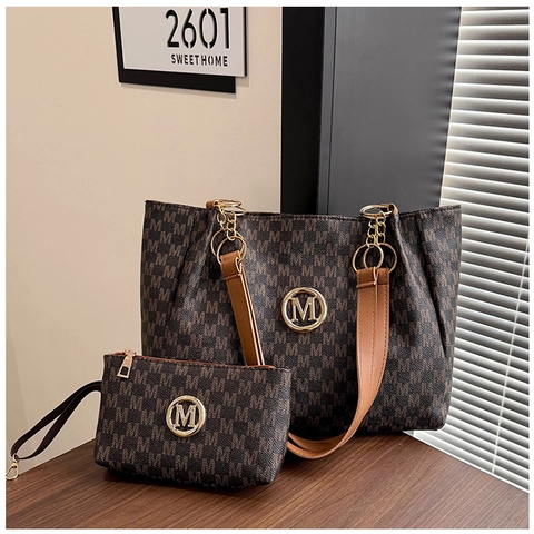 Women Trendy Monogram Printed Tote Bag Set Two Pieces Synthetic Leather Large Capacity Shoulder Bag With Round Metal Logo