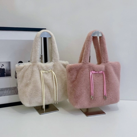 Faux Fur Plush Tote Bag Women Large Capacity Soft Handbag Ribbon Bow Urban Simple Solid Color Autumn Winter Shoulder Bag