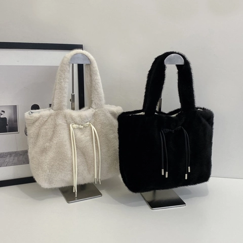 Faux Fur Plush Tote Bag Women Large Capacity Soft Handbag Ribbon Bow Urban Simple Solid Color Autumn Winter Shoulder Bag