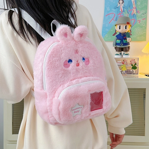 Pink Plush Rabbit Ears Backpack Cute Cartoon Kids Mini Ita Bag With Transparent Window For Girls Teenagers School Travel Daily Bag