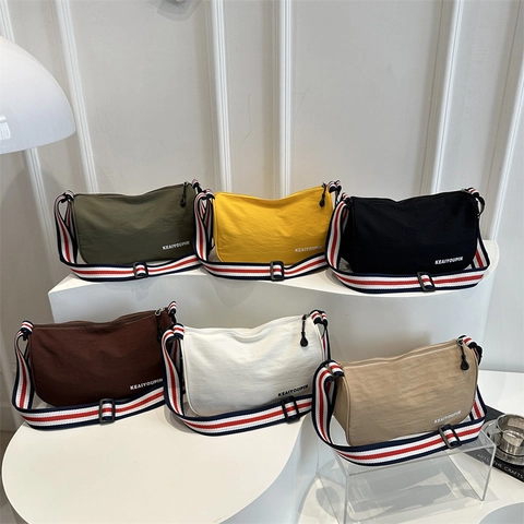 Fashion Casual Women Crossbody Bag Large Capacity Lightweight Fabric Shoulder Bag Striped Wide Strap Letter Print Satchel