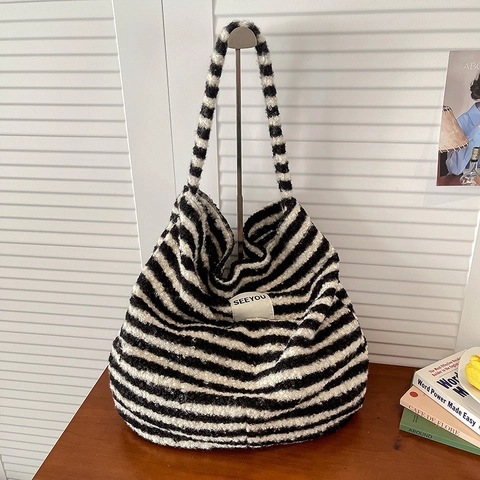 Damen Große Wollige Schultertasche Retro Karomuster Gestreift Strick Tote Casual Pendeln Handtasche Mit Magnetschnalle