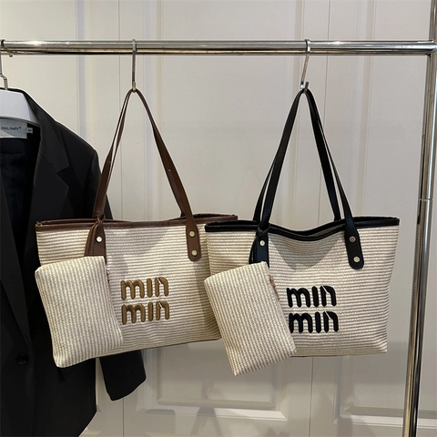 Mode Gewebte Tote Tasche Set Kunstleder Kontrastfarbe Große Schultertasche Zweiteilige Handtasche Für Damen Alltag Pendeln