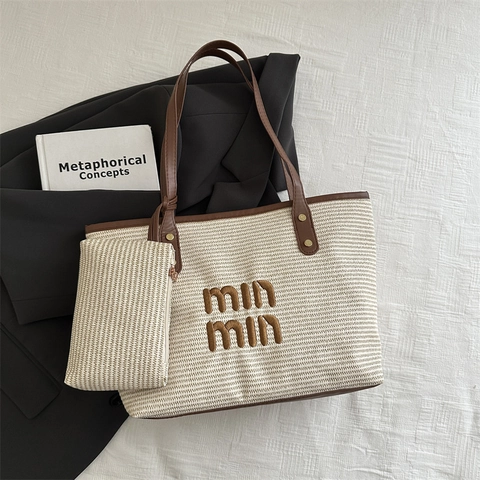 Mode Gewebte Tote Tasche Set Kunstleder Kontrastfarbe Große Schultertasche Zweiteilige Handtasche Für Damen Alltag Pendeln