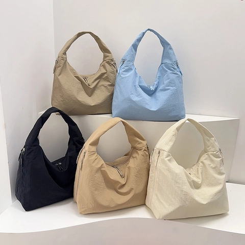 Damen Große Kapazität Nylon Schultertasche Einfarbig Hobo Tasche Mode Lässige Tote Achseltasche Mit Multi Reißverschlusstaschen