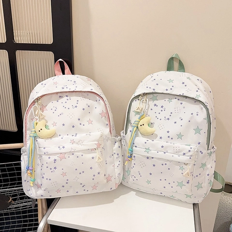 Süßer Stern Muster Leinwand Schule Rucksack Für Mädchen Mit Mond Anhänger Leicht Atmungsaktiv Mode Lässig Reise Student Schultasche