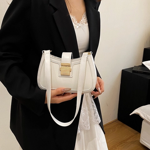 Women's Fashion PU Leather Underarm Bag Minimalist Solid Color Shoulder Crossbody Bag Stylish Saddle Handbag With Golden Buckle For Teen Girls