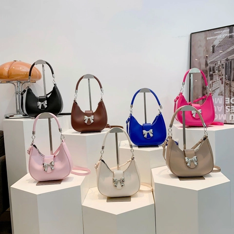Bolso Hobo de Cuero PU para Mujer con Lazo Color Sólido Bolso Bandolera de Medialuna Bolso de Hombro Versátil Diario