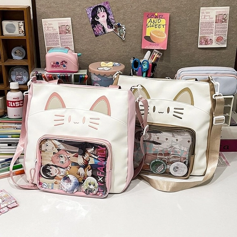 Süße Katzenohr Nylon Ita Tasche Für Damen Mädchen Student Große Kapazität Schulter Umhängetasche Mit Transparentem Fenster
