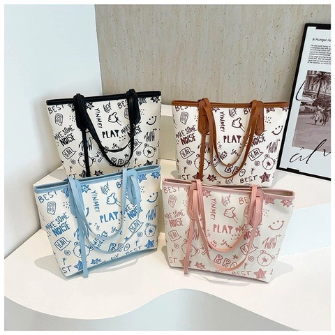 Borsa Tote da Donna a Grande Capacità Con Stampa Graffiti Lettere Cartoni Animati in Pelle Sintetica Borsa a Spalla Stile Street