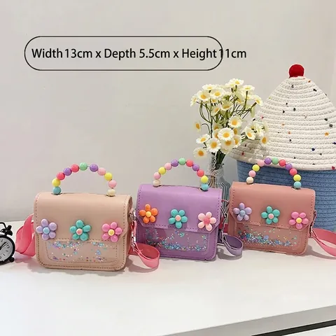 Borsa a Tracolla per Bambini in Pelle PU con Fiori Manico in Perline Colorate Paillettes Luccicanti Piccola Borsa a Mano Regalo per Ragazze