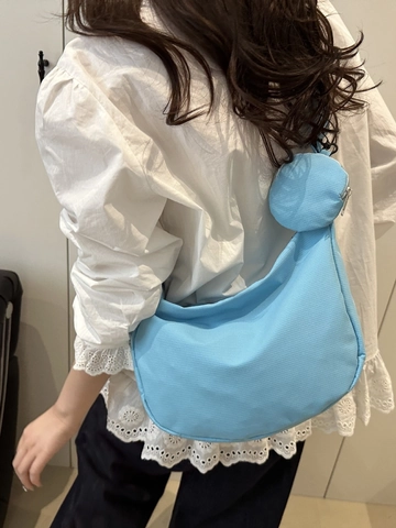 Women Minimalist Nylon Half Moon Crossbody Bag Large Capacity Leisure Hobo Shoulder Bag With Small Round Pouch Daily