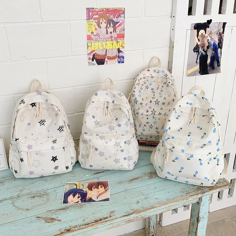 Women Girls Printed Nylon Backpack Lightweight Star Floral Pattern School Bookbag Stylish Student Daypack Casual Large Capacity Travel Rucksack