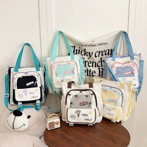 Dames Nylon Gesplitst Grote Capaciteit Tote Tas Japanse School Stijl Crossbody Tas Voor Student Woon-werkverkeer Borduurwerk Tas