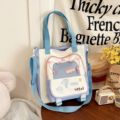 Dames Nylon Gesplitst Grote Capaciteit Tote Tas Japanse School Stijl Crossbody Tas Voor Student Woon-werkverkeer Borduurwerk Tas