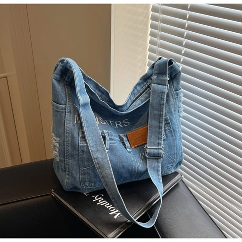 Große Retro-Tote-Tasche aus gewaschenem Denim Mit Buchstabenprint Und Distressed-Kanten Damen Umhängetasche Für Alltag
