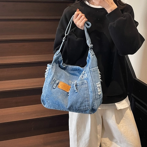 Große Retro-Tote-Tasche aus gewaschenem Denim Mit Buchstabenprint Und Distressed-Kanten Damen Umhängetasche Für Alltag