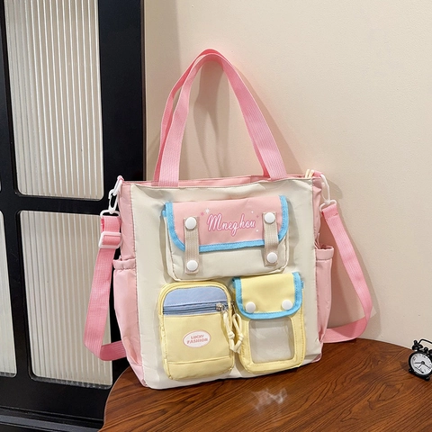 Damen Kontrastfarbe Nylon Multi-Tasche Tragetasche Große Kapazität College Stil Umhängetasche Schule Reisen Arbeit Mode Handtasche