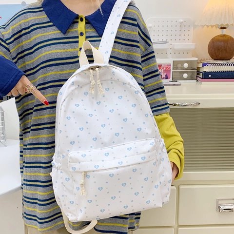 White School Backpack For Teen Girls Heart Star Pattern Lightweight Nylon Daypack Casual Travel Rucksack Student Bookbag