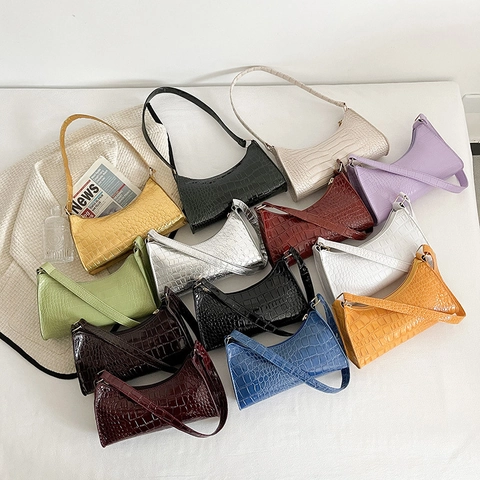 Women Crocodile Embossed Shoulder Bag Fashion Retro Underarm Bag PU Leather Minimalist Hobo Bag Casual Travel Baguette Purse
