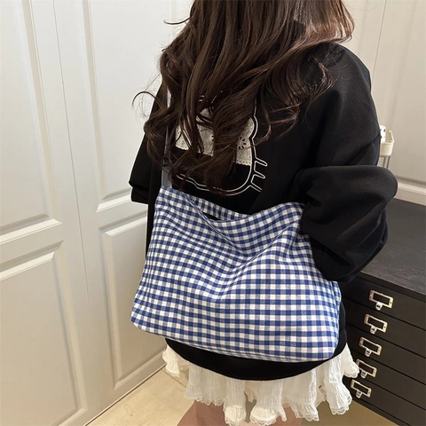 Sac à Épaule Style Coréen pour Femmes Motif à Carreaux Grande Capacité Sac Fourre-tout en Polyester Toile Décontracté Frais Élégant Navette