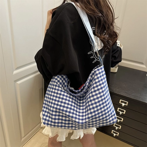 Sac à Épaule Style Coréen pour Femmes Motif à Carreaux Grande Capacité Sac Fourre-tout en Polyester Toile Décontracté Frais Élégant Navette