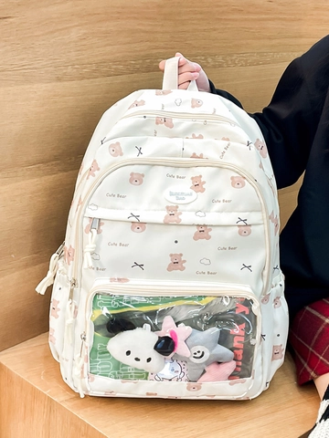 Zaino Ita Bag Orsetto Carino Tessuto Oxford Borsa Scolastica per Studenti Finestra Trasparente Daypack Casual per Donne Ragazze