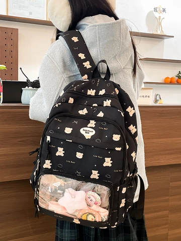 Zaino Ita Bag Orsetto Carino Tessuto Oxford Borsa Scolastica per Studenti Finestra Trasparente Daypack Casual per Donne Ragazze
